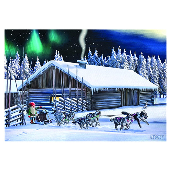 Karto, Postcard with Glitter, Ilkka Kylmäkorpi "Tontut ja koiravaljakko"