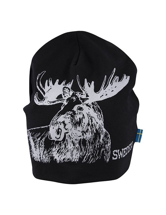 Frost Elk "Sweden", Beanie with Reflecting Print for adults, black