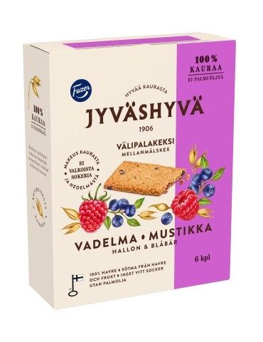 Fazer, Jyväshyvä välipalakeksi vadelma-mustikka, 100% Hafer-Snack-Kekse mit Himbeere & Heidelbeere (6Stk) 180g