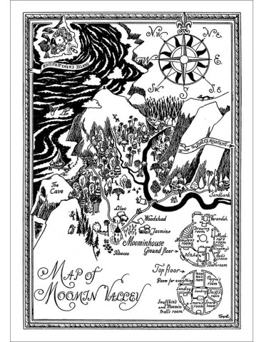 Putinki, Mumin, Postkarte, Karte des Mumintals (Finnisch), black-white