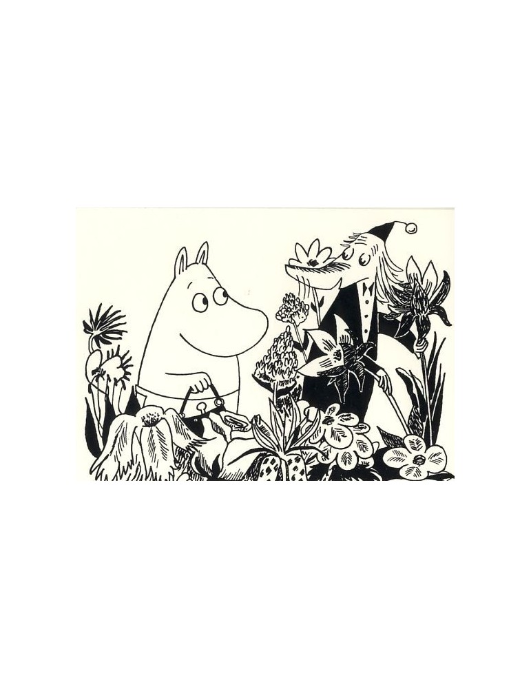 Karto, Moomin Postcard white-black, On the Flower Field