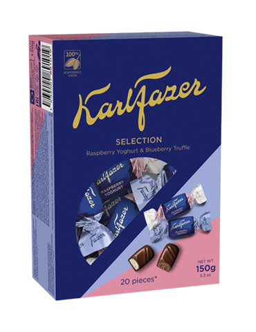 Fazer, Selection, Milchshokoladen-Pralinen mit Himbeer-Joghurt- und Heidelbeer-Trüffel-Füllung 150g