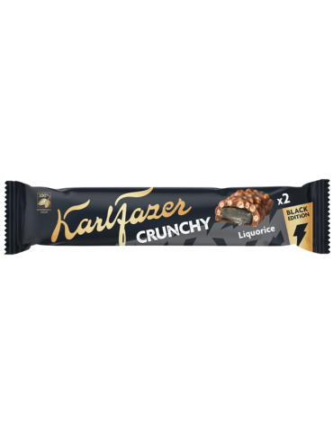 Fazer, Crunchy Black Edition, Milchschokoladenriegel mit Lakritztoffee & salzigen Weizencrisps 55g