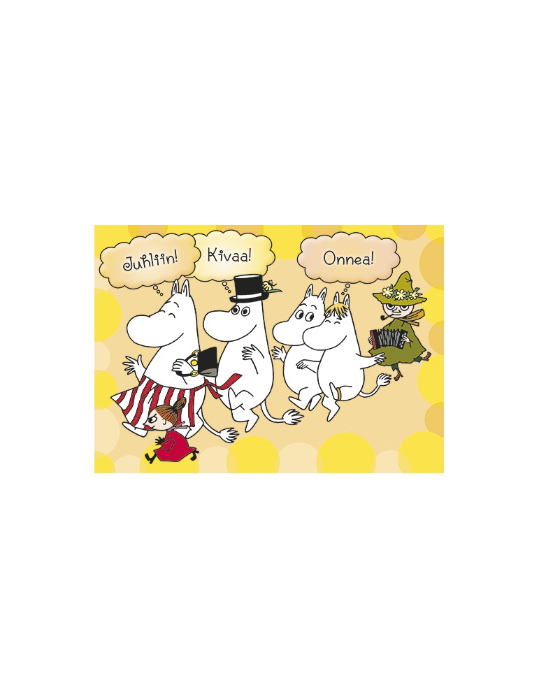 Karto, Moomin Postcard yellow, "To the party! Fun! Congratulations!"