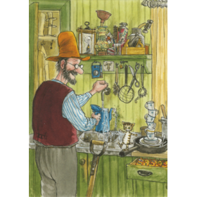 Pettson und Findus, Postkarte,   Pettersson mit Findus in der Küche