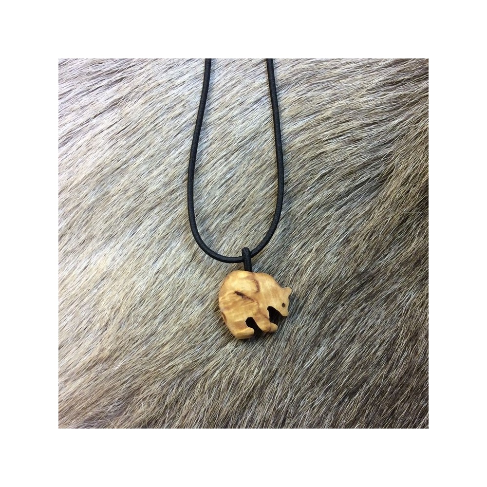 Wood Jewel, Pendant from Curly Birch with Rubber Band, Bear