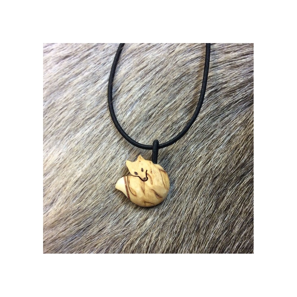 Wood Jewel, Pendant from Curly Birch with Rubber Band, Fox