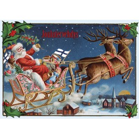 Christmas Postcard, Santa with Finnish Flags, "Joulutervehdys" - Christmas Greeting