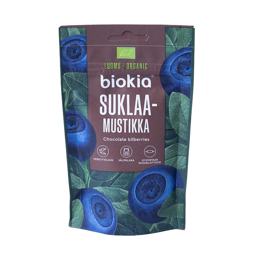 Biokia, Organic Dried Bilberries Coated with Milkchocolate 75g