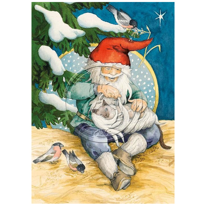 Inge Löök Weihnachtskarte Postkarte Zwerg mit Katze unter verschneitem Tanne 10,5 x 14,8 cm