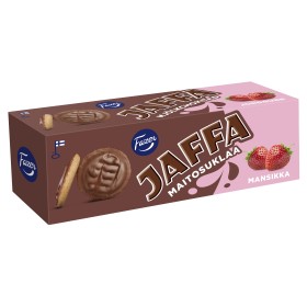 Fazer, Jaffa Mansikka, Mit Marmelade überzogene Kekse mit Erdbeergeschmack und dunkler Schokolade 150g