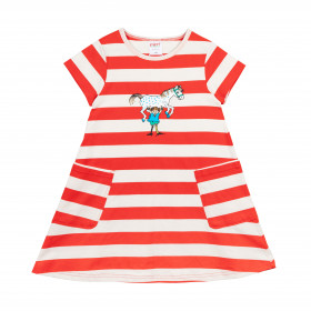 Martinex, Pippi Langstrumpf Streifen, Kinderkleid aus Bio-Baumwolljersey, weiß-rot
