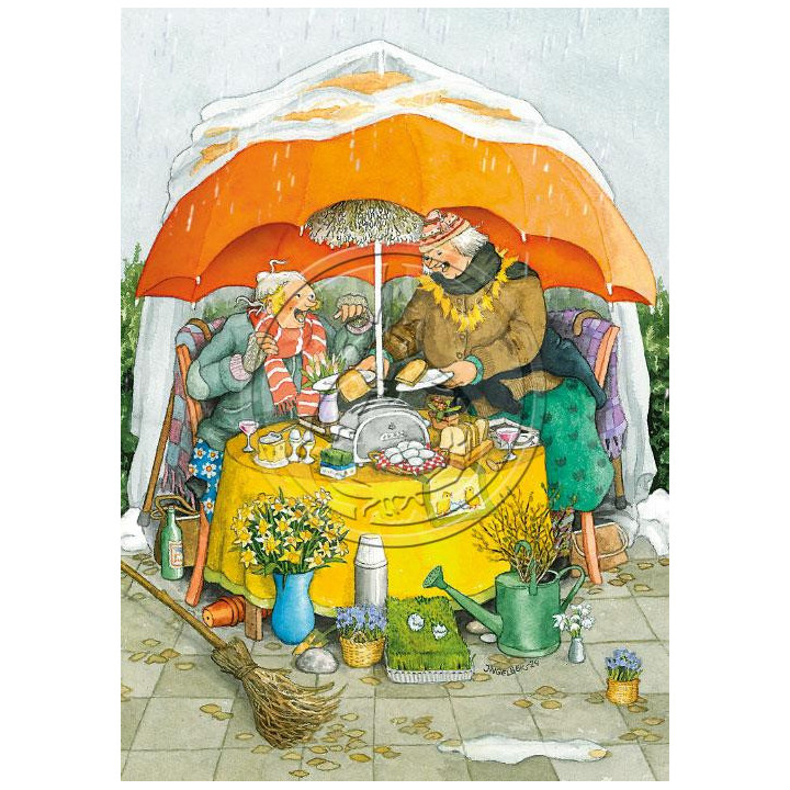 Inge Löök Postkarte Frauen frühstücken im Regen 10,5 x 14,8 cm