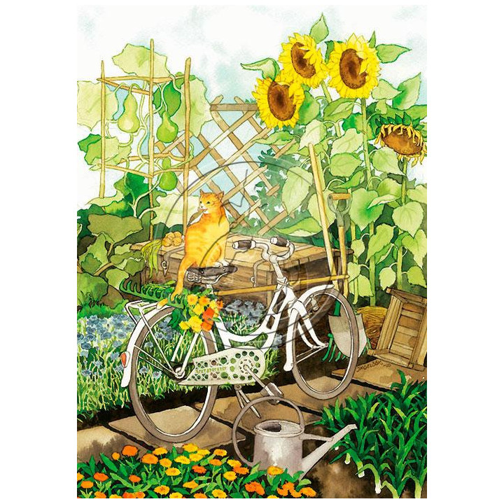 Inge Löök Postcard Cat on the Bike in a summery Garden 10.5 x 14.8 cm