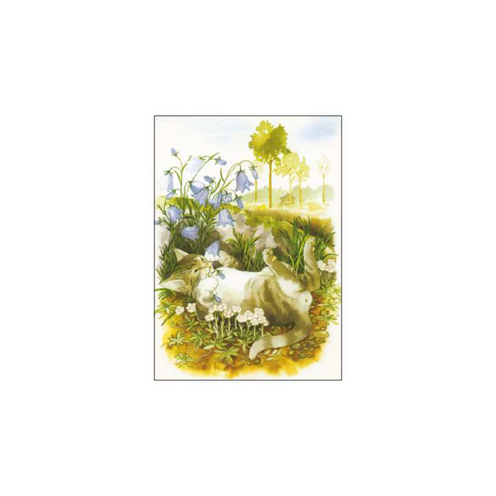 Inge Löök Postcard Cat playing with garden flowers 10.5 x 14.8 cm