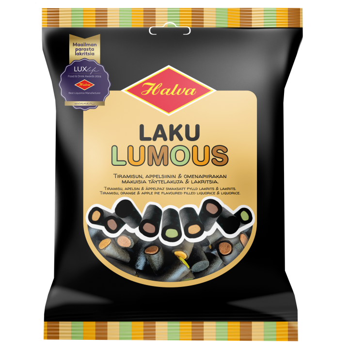 Halva Lumous Gefüllte Lakritze mit Tiramisu, Orange & Apfelkuchen Beutel 180g