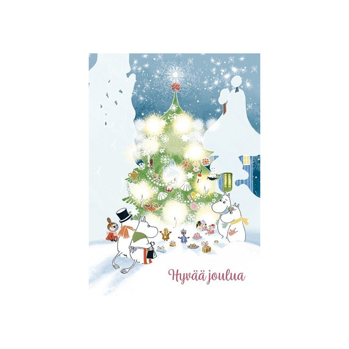 Karto Mumin Postkarte Mumins um den Weihnachtsbaum "Hyvää joulua" 10,5x14,8 cm
