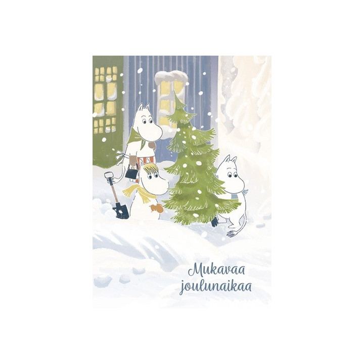 Karto Mumin Postkarte Mumins holen Weihnachtsbaum "Mukavaa joulunaikaa" 10,5x14,8 cm