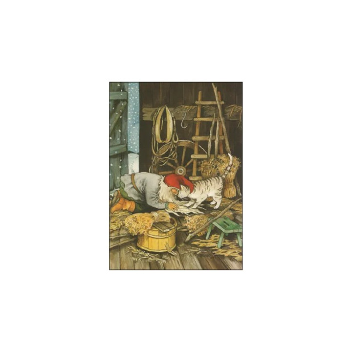 Inge Löök Weihnachtskarte Postkarte Zwerg kuschelt mit Katze 10,5 x 14,8 cm