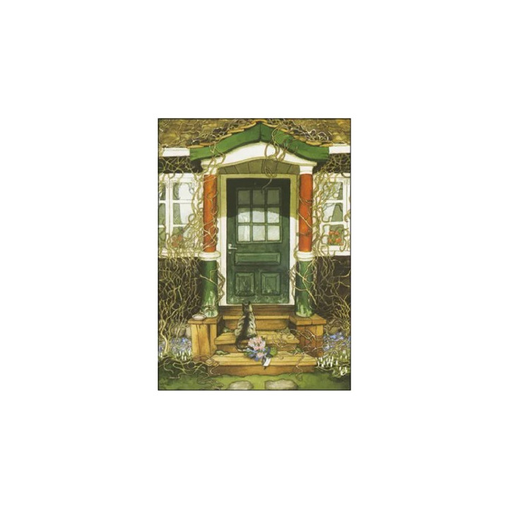 Inge Löök Postkarte Katze mit Blumenstrauß vor Haustüre 10,5 x 14,8 cm