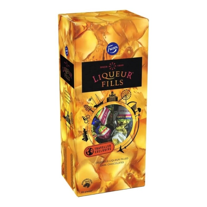 Fazer Liqueur Fills Zartbitterschokolade Flüssiger Füllung Schachtel 420g