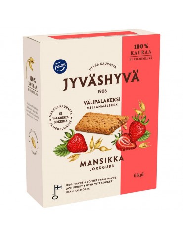 Fazer, Jyväshyvä Välipalakeksi Mansikka, 100% Hafer-Snack-Kekse mit getrockneten Erdbeerstücken (6Stk) 180g
