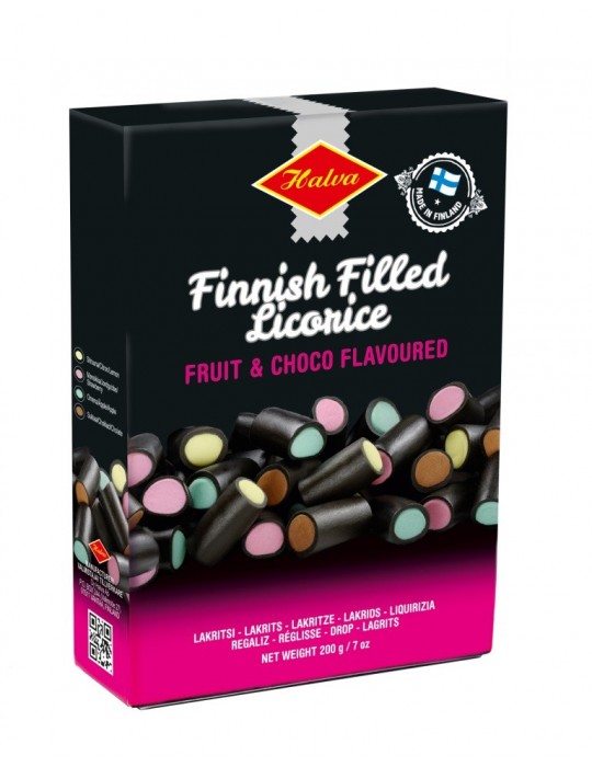 Halva, Finnish Filled Licorice, Assorted Licore Pieces with Fruit & Choco Filling 200g