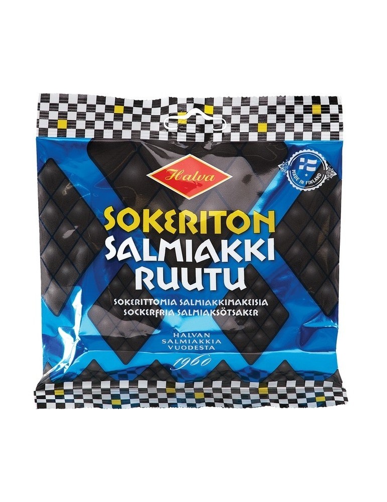 Halva, Sokeriton Salmiakki Ruutu, zuckerfreie Salzlakritz-Süßigkeiten 90g