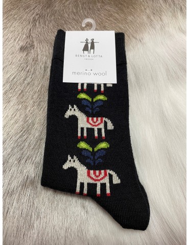 Bengt & Lotta, Merino Woll Socks, Dala Horse black medium, 2 sizes