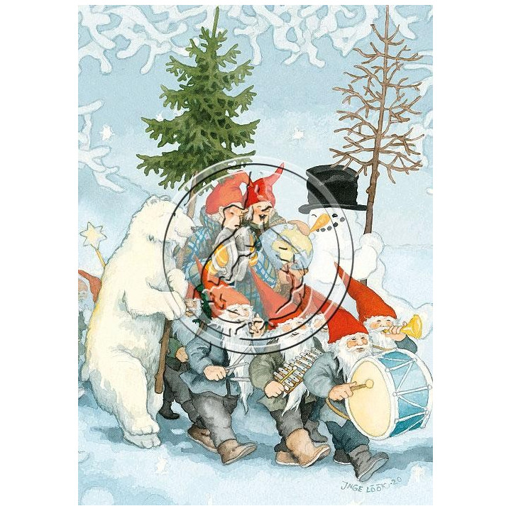 Inge Löök, Postkarte, Frauen musizieren mit Zwergen & Schneeman