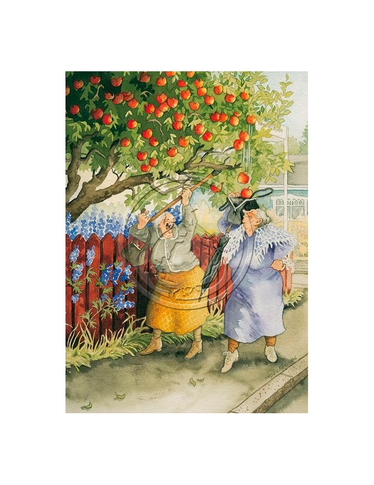 Inge Löök, Postkarte, Frauen schütteln Apfelbaum
