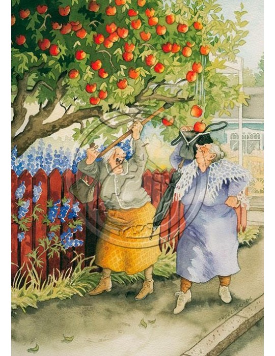 Inge Löök, Postkarte, Frauen schütteln Apfelbaum